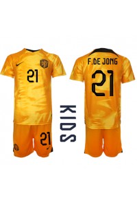 Fotbalové Dres Holandsko Frenkie de Jong #21 Dětské Domácí Oblečení MS 2022 Krátký Rukáv (+ trenýrky)